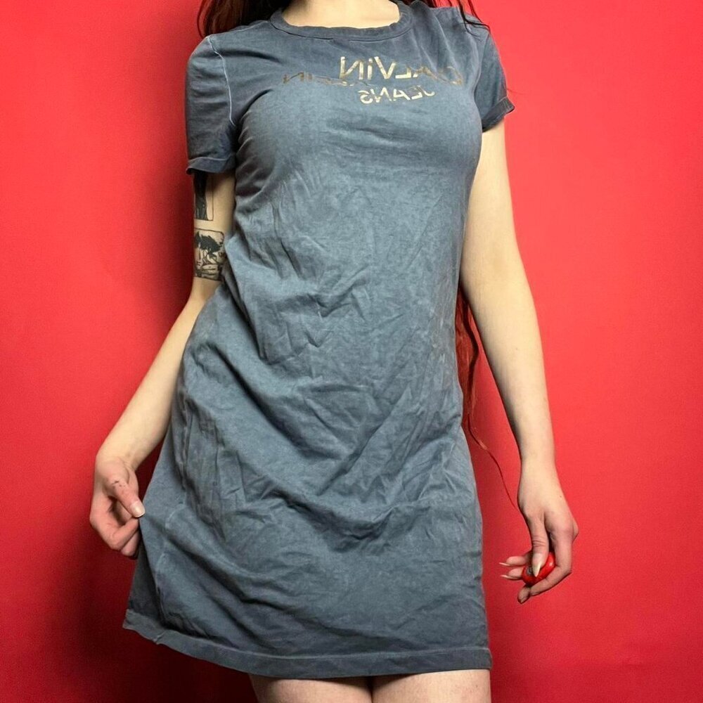 Calvin Klein / Muted grey blue mini dress night gown with branding 💙💛​​​​​​​